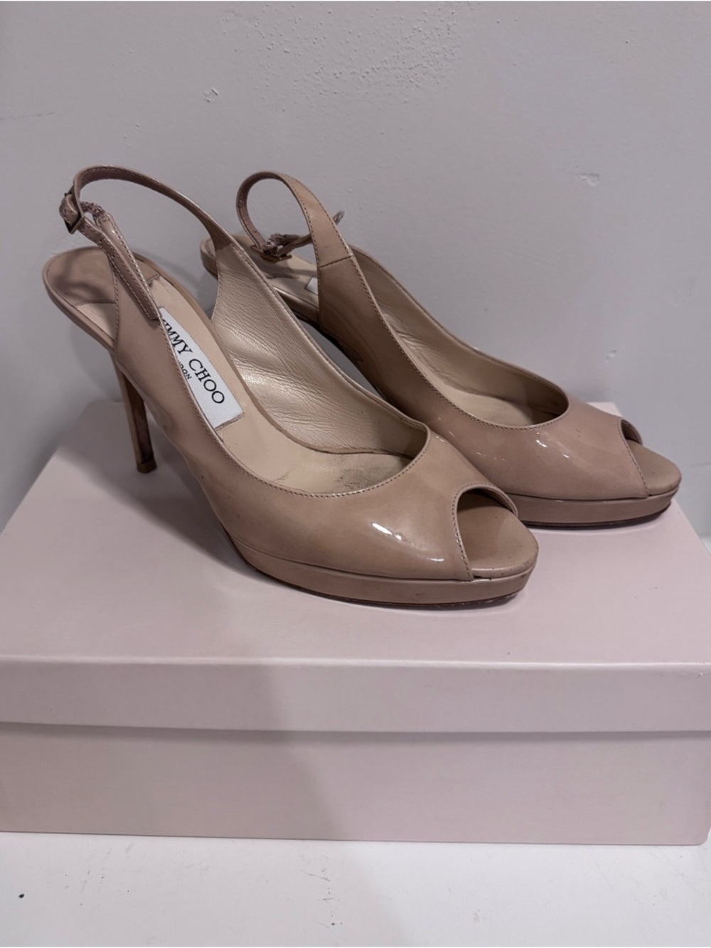 Jimmy Choo “Nova” Nude Patent Leather Peep-Toe Heels